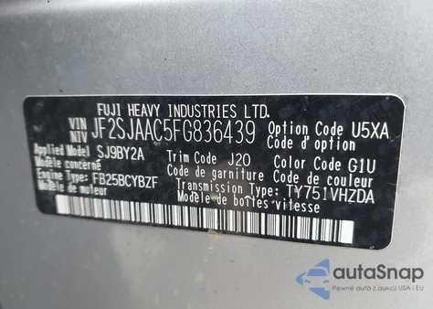 2015 Subaru Forester 2.5I из США, поврежденный, VIN JF2SJAAC5FG836439